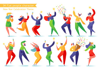 Set of young happy dancing people. People celebrate New Year or Christmas with champagne and sparklers, they are dressed wonderfully, in red Santa Claus hats and carnival animal masks.