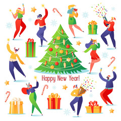 Cute party card or invitation poster with joyful flat characters in animal masks. People characters dancing with sparklers, firecracker, champagne around a large decorated Christmas tree.
