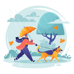 Pet care concept. Man walking his dog in spite of adverse weather conditions. Autumn landscape in rainy day, leaves fall, wind blows. Dog breed German shepherd is happy. His master loves him.