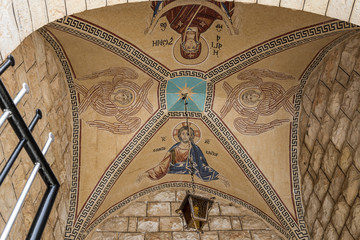 Mosaic ceiling at the entrance through the gateway to the Greek Orthodox Monastery of the...