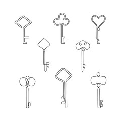 Keys continuous line drawing set, tattoo, logo design and print for clothes, key silhouette one single line on a white background, isolated vector illustration.