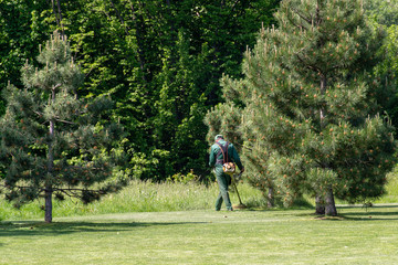 work to mow the grass trimmer. process of mowing tall grass with a trimmer.