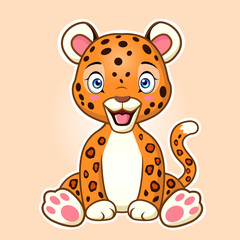 Cartoon cute leopard or jaguar sitting with smile face. Vector illustration.