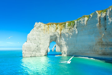 Picturesque panoramic landscape on the cliffs of Etretat. Natural amazing cliffs. Etretat,...