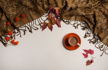 Autumn composition. Cup of coffee, plaid, physalis, maple leaves on a white background.