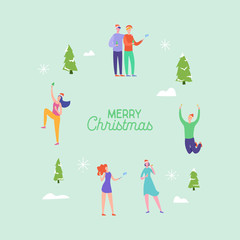 Xmas Party Card or Invitation Poster. People characters, friends and family, celebrating Merry Christmas and Happy New Year night. Vector illustration