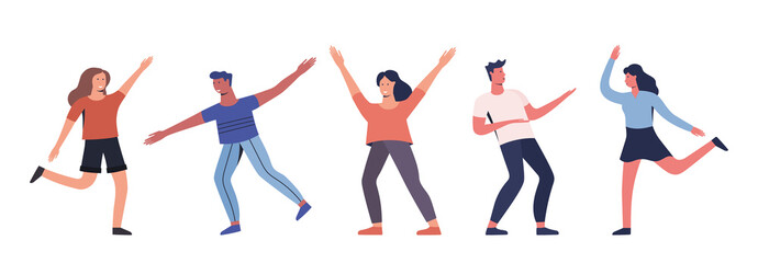 Group of young happy dancing people. Young men and women enjoying dance party. Modern colorful vector illustration