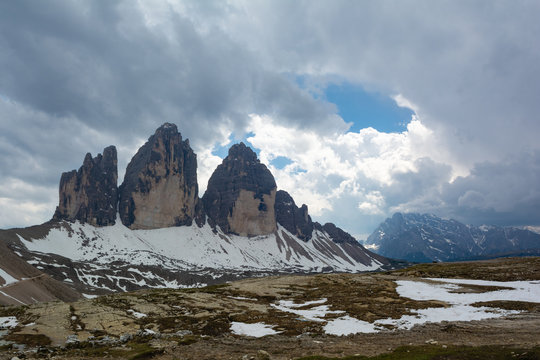 Beautiful view of Tre Cime mountain in spring. Dolomites, Italy