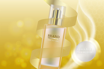 Naklejka premium Beauty product ad design, gold cosmetic container with collagen solution advertising background ready to use, luxury skin care banner, illustration vector. 