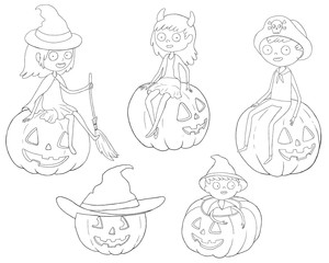 coloring page, boys and girls in halloween costumes