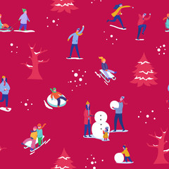 Winter season illustration Background with people skiing, ice skating, sledding. Christmas and New Year Holiday seamless pattern for design, wrapping paper, invitation, greeting card, poster. Vector.