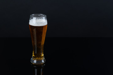 A beer bottle and a filled glass of beer. Black background with copyspace.