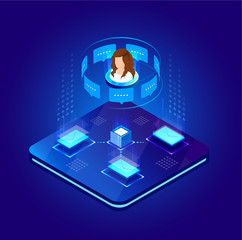 Global online email marketing. Vector isometric background design. Template for banner, landing page. Icon, symbol for web and app. Customer, user service strategy. Digital technology illustration.