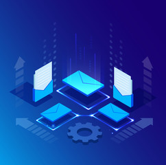 Global online email marketing. Vector isometric background design. Template for banner, landing page. Icon, symbol for web and app. Customer, user service strategy. Digital technology illustration.