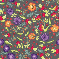 vector drawings of handdrawn seamless pattern with leaves and cute wild flowers on a gray background