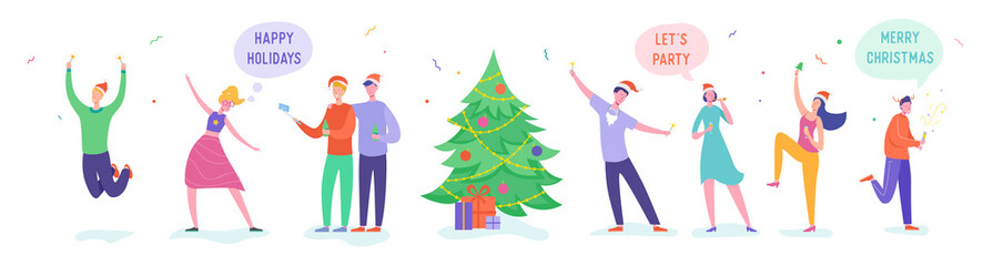 Xmas Party Card or Invitation Poster. People characters dancing, family and friends, women and men celebrating Merry Christmas and Happy New Year night. Vector illustration
