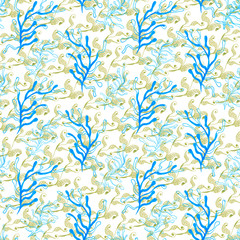 Fototapeta na wymiar Hand drawn seamless pattern. Trendy pattern with corals and algae on a white background for printing, fabric, textile, manufacturing, wallpapers. Sea bottom.