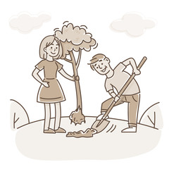 Volunteering, charity social concept. Volunteer team of young people planting new tree in park, vector flat illustration. Ecological lifestyle. 