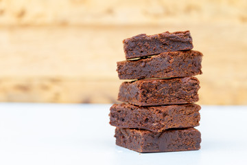 Close up homemade chocolate brownies with copy space