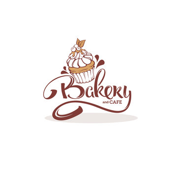 Bakery logo template, with image of cupcake and lettering composition