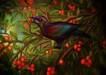 black bird in the branches among berries digital painting