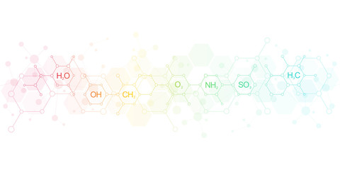 Abstract chemistry pattern on clean white background with chemical formulas and molecular structures. Template design with concept and idea for science and innovation technology.