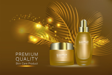 Beauty product ad design, gold cosmetic containers with natural concept advertising background ready to use, luxury skin care banner, illustration vector.	