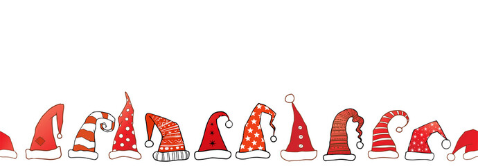 Stoffe zum Nähen Horizontal seamless pattern with red santa hats on white background..