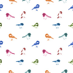 Seamless pattern with little birds hand drawn with ink. Traditional oriental ink painting sumi-e, u-sin, go-hua.