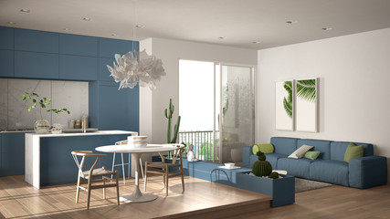 Eco green interior design, white and blue living room with sofa, kitchen, dining table, succulent potted plants, parquet floor, window, panoramic balcony. Sustainable architecture