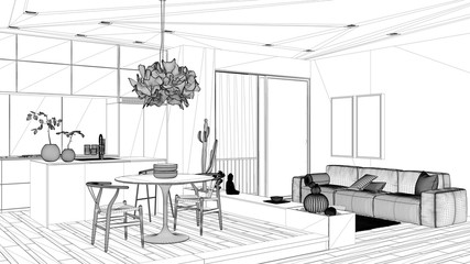 Blueprint project draft, living room with sofa, kitchen, dining table, succulent potted plants, parquet floor, window, panoramic balcony, modern architecture concept idea