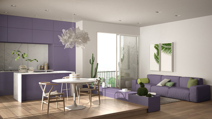 Eco green interior design, white and violet living room with sofa, kitchen, dining table, succulent potted plants, parquet floor, window, panoramic balcony. Sustainable architecture