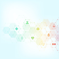 Abstract medical background with flat icons and symbols. Template design with concept and idea for healthcare technology, innovation medicine, health, science and research.