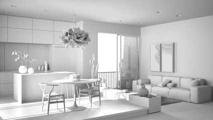 Total white project of living room with sofa, kitchen, dining table, succulent potted plants, parquet floor, window, panoramic balcony, modern architecture concept idea