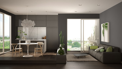 Eco green interior design, gray living room with sofa, kitchen with dining table, succulent potted plants, parquet floor, window, panoramic balcony. Sustainable architecture