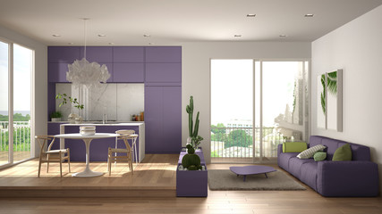 Eco green interior design, white and violet living room with sofa, kitchen, dining table, succulent potted plants, parquet floor, window, panoramic balcony. Sustainable architecture