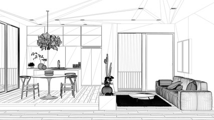 Blueprint project draft, living room with sofa, kitchen, dining table, succulent potted plants, parquet floor, window, panoramic balcony, modern architecture concept idea