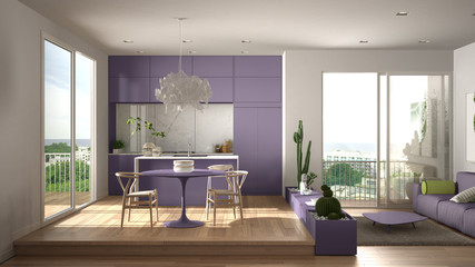 Eco green interior design, white and violet living room with sofa, kitchen, dining table, succulent potted plants, parquet floor, window, panoramic balcony. Sustainable architecture