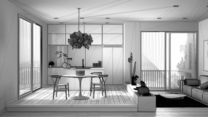 Unfinished project of living room with sofa, kitchen, dining table, succulent potted plants, parquet floor, window, panoramic balcony, modern architecture concept interior design