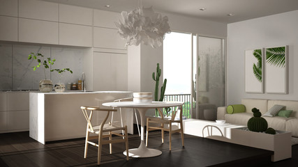 Eco green interior design, white and gray living room with sofa, kitchen with dining table, succulent potted plants, parquet floor, window, panoramic balcony. Sustainable architecture