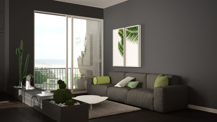 Fototapeta premium Eco green interior design, gray living room with sofa, kitchen with dining table, succulent potted plants, parquet floor, window, panoramic balcony. Sustainable architecture