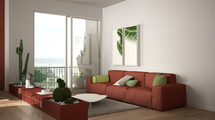 Eco green interior design, white and red living room with sofa, kitchen, dining table, succulent potted plants, parquet floor, window, panoramic balcony. Sustainable architecture