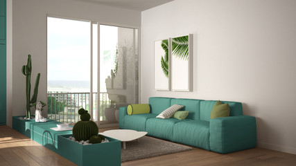 Eco green interior design, white and turquoise living room with sofa, kitchen, dining table, succulent potted plants, parquet floor, window, panoramic balcony. Sustainable architecture