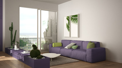 Eco green interior design, white and violet living room with sofa, kitchen, dining table, succulent potted plants, parquet floor, window, panoramic balcony. Sustainable architecture