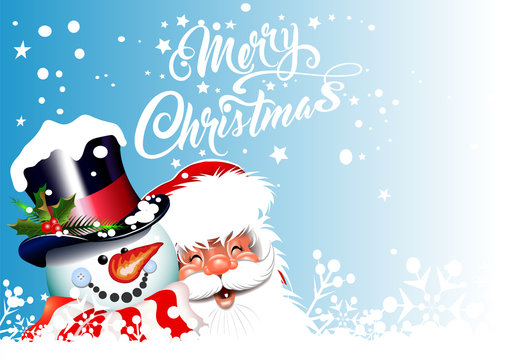 Christmas card with a Santa Claus and snowman, vector image