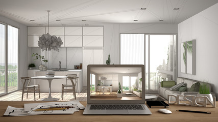 Architect designer desktop concept, laptop on wooden work desk with screen showing interior design project, blueprint draft background, modern white living room with kitchen