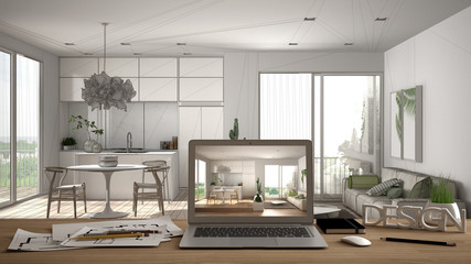 Fototapeta premium Architect designer desktop concept, laptop on wooden work desk with screen showing interior design project, blueprint draft background, modern white living room with kitchen