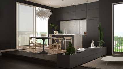 Eco green interior design, gray living room with sofa, kitchen with dining table, succulent potted plants, parquet floor, window, panoramic balcony. Sustainable architecture