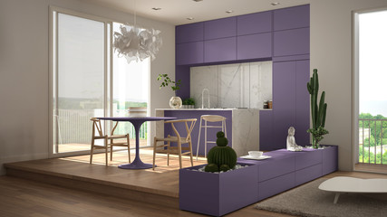 Eco green interior design, white and violet living room with sofa, kitchen, dining table, succulent potted plants, parquet floor, window, panoramic balcony. Sustainable architecture