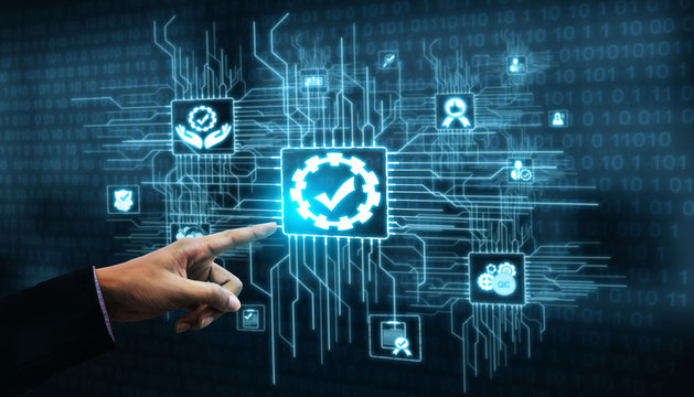 Quality Assurance and Quality Control Concept - Modern graphic interface showing certified standard process, product warranty and quality improvement technology for satisfaction of customer.